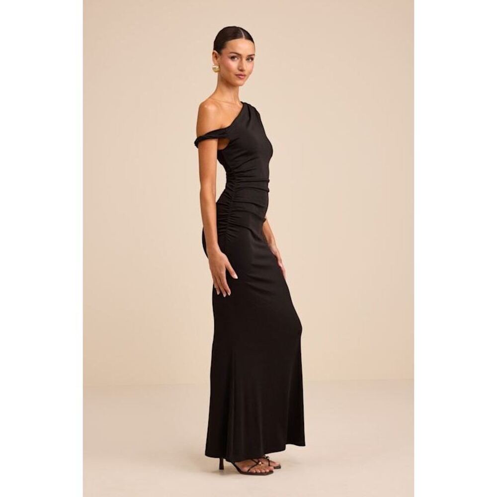 Lulus Oriella Black Asymmetrical Ruched Mermaid Maxi Dress - Size S Black